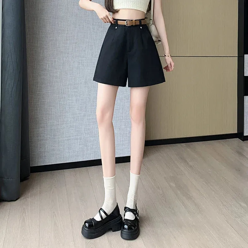 A-Line Shorts For Women 2024 New Elegant High Waist Straight Solid Loose Ladies Trousers Shorts