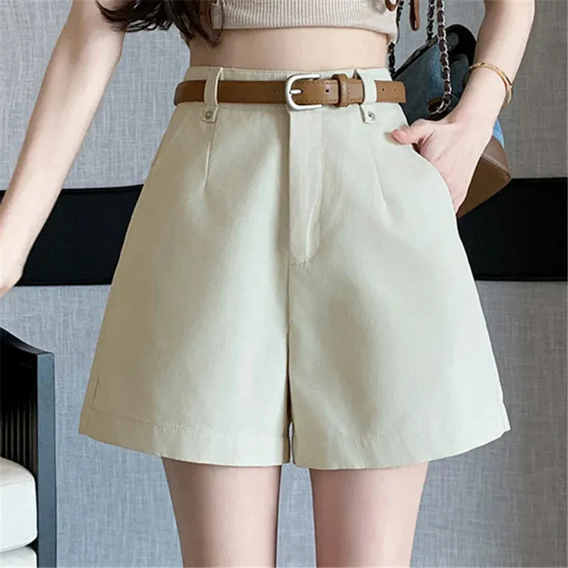 A-Line Shorts For Women 2024 New Elegant High Waist Straight Solid Loose Ladies Trousers Shorts