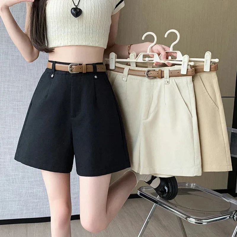 A-Line Shorts For Women 2024 New Elegant High Waist Straight Solid Loose Ladies Trousers Shorts