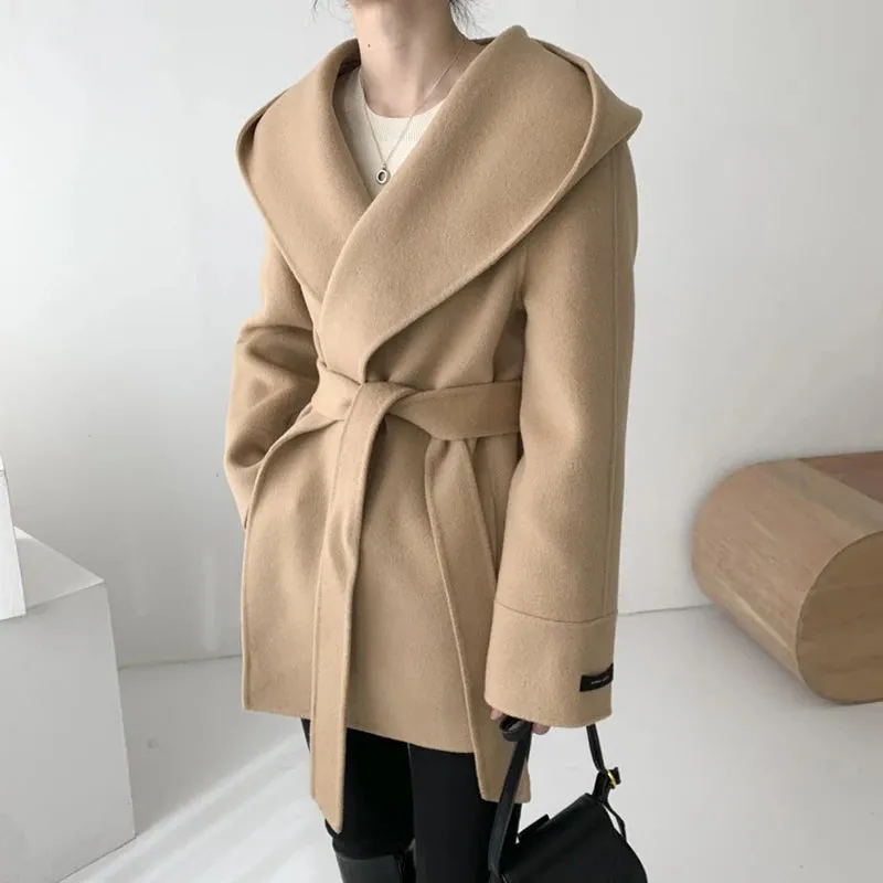 Advbridge Elegant Wool Blends Coats Women Korean Black Hooded Woolen Jackets Ladies Fashion Bandage Overcoat Winter Commute Outerwears New