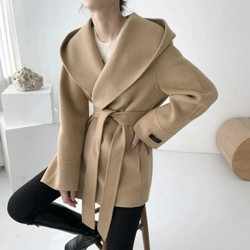 Advbridge Elegant Wool Blends Coats Women Korean Black Hooded Woolen Jackets Ladies Fashion Bandage Overcoat Winter Commute Outerwears New