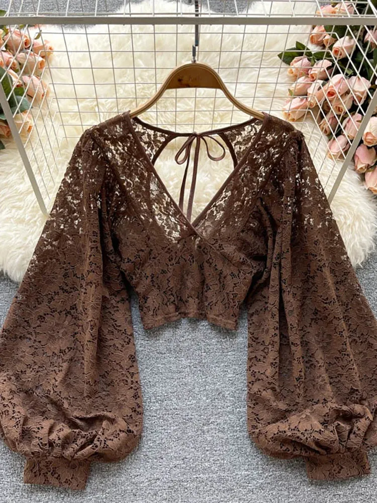 Autumn Black/White/Brown Sexy Lace Blouse Women Elegant V-Neck Puff Long Sleeve Open Back Short Tops Female Party Blusas 2021