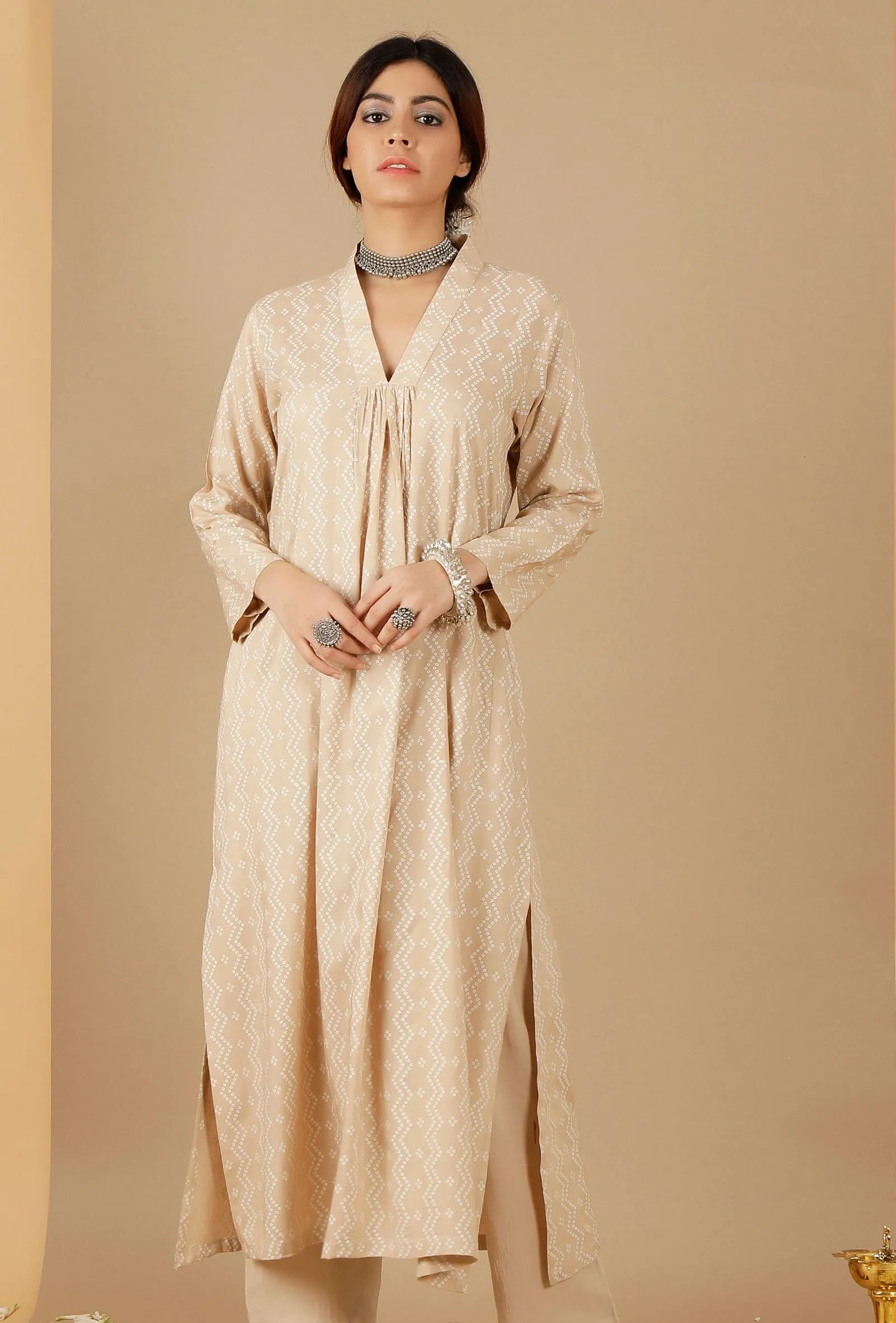 Beige Bandhani Gathered Kurta With Pockets