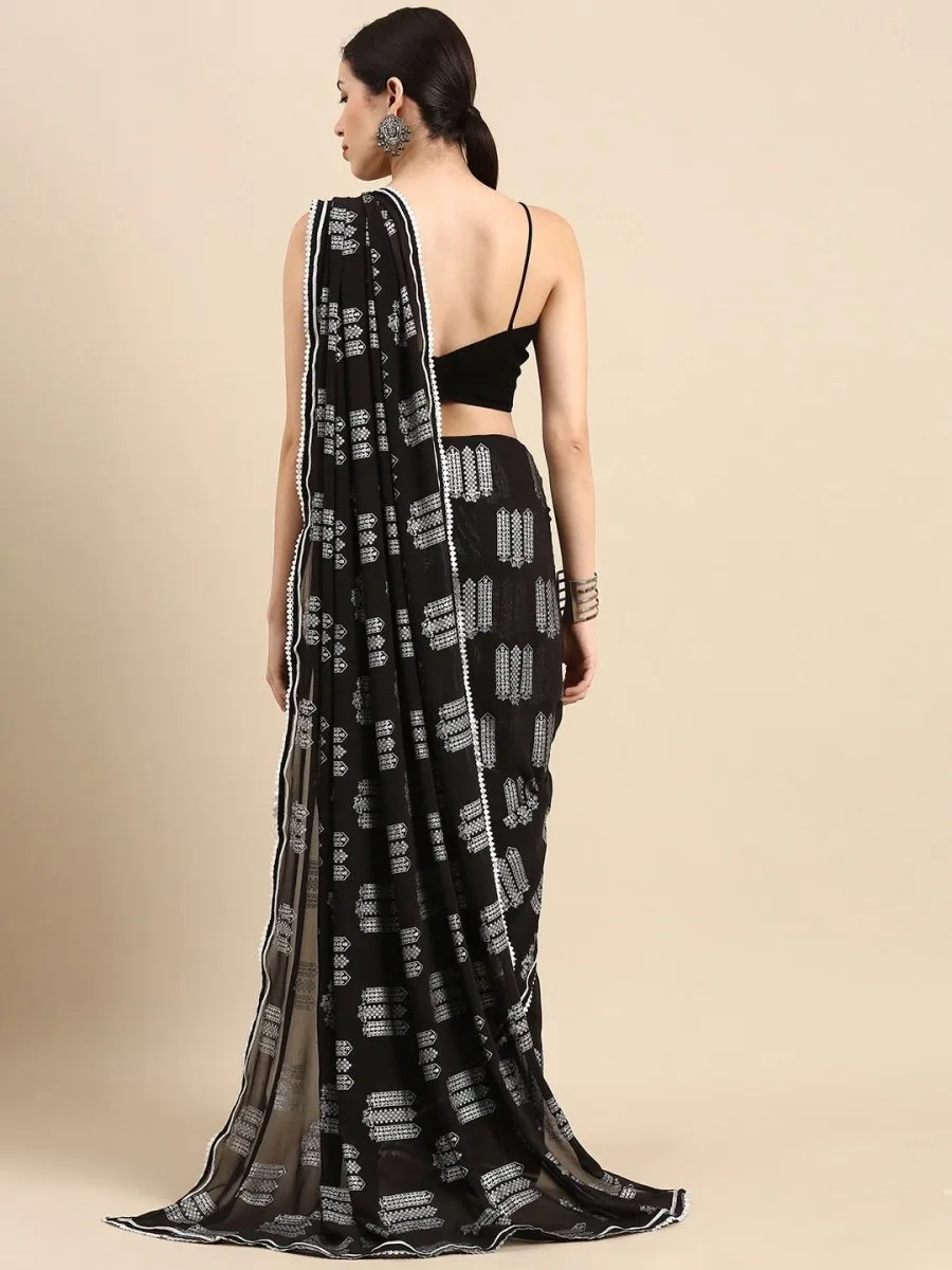 Black and Silver Foil Print Saree