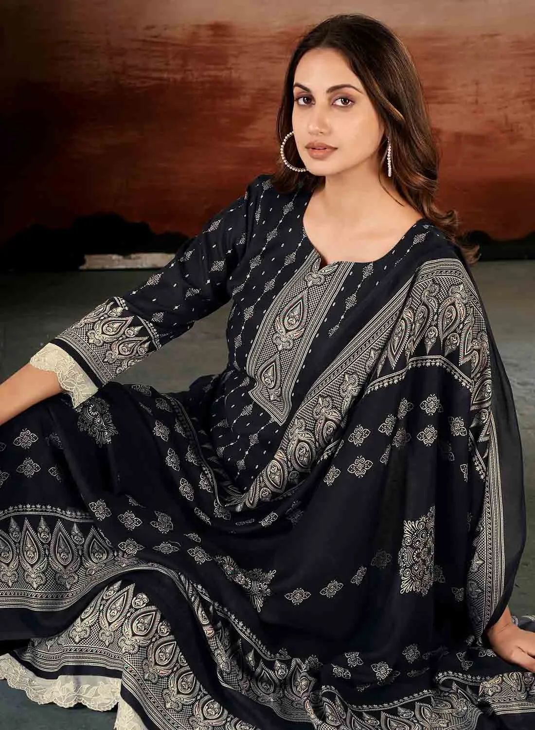 Black Unstitched Pashmina Winter Suit Dress Material with Lace Work