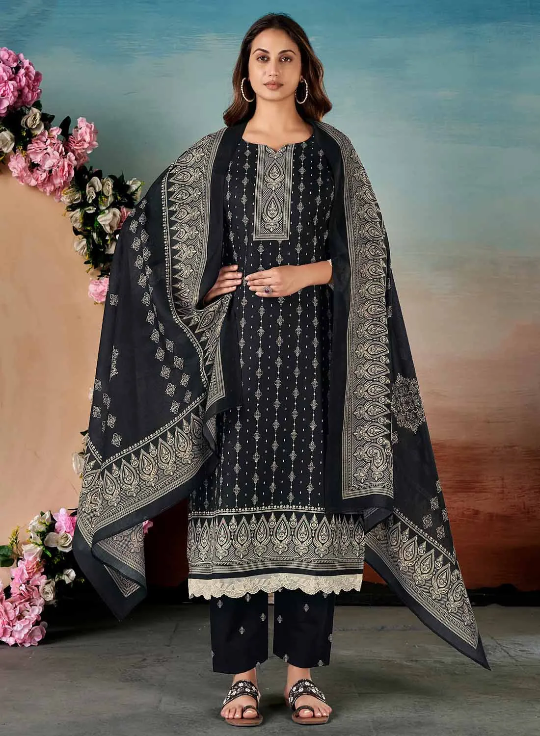 Black Unstitched Pashmina Winter Suit Dress Material with Lace Work