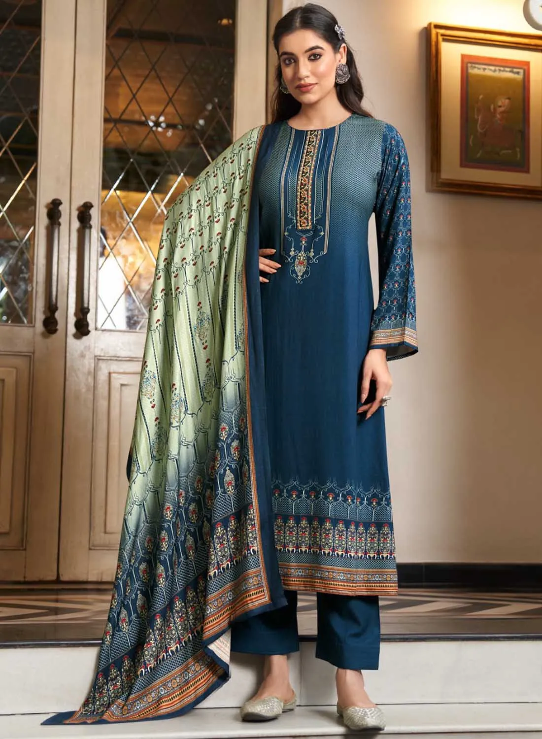 Blue Unstitched Pashmina Winter Salwar Suit Dress Material for Women