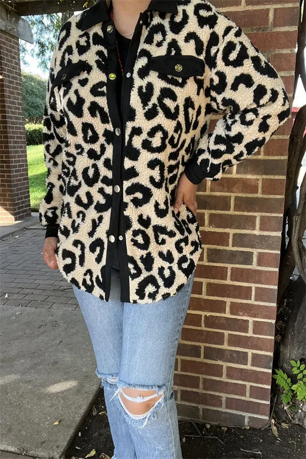 BQ15490 Black/beige leopard w/front pockets&buttons long sleeve women coats/jackets