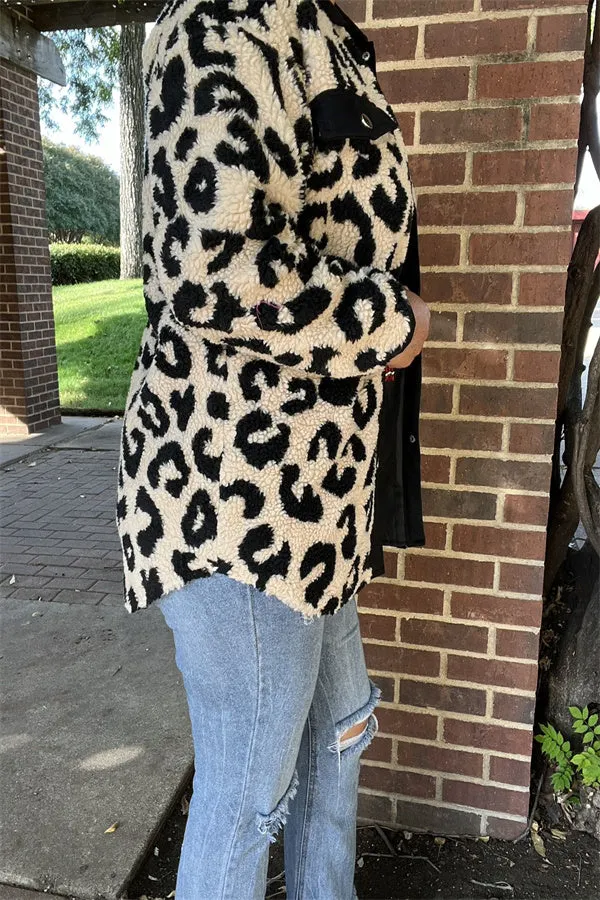 BQ15490 Black/beige leopard w/front pockets&buttons long sleeve women coats/jackets