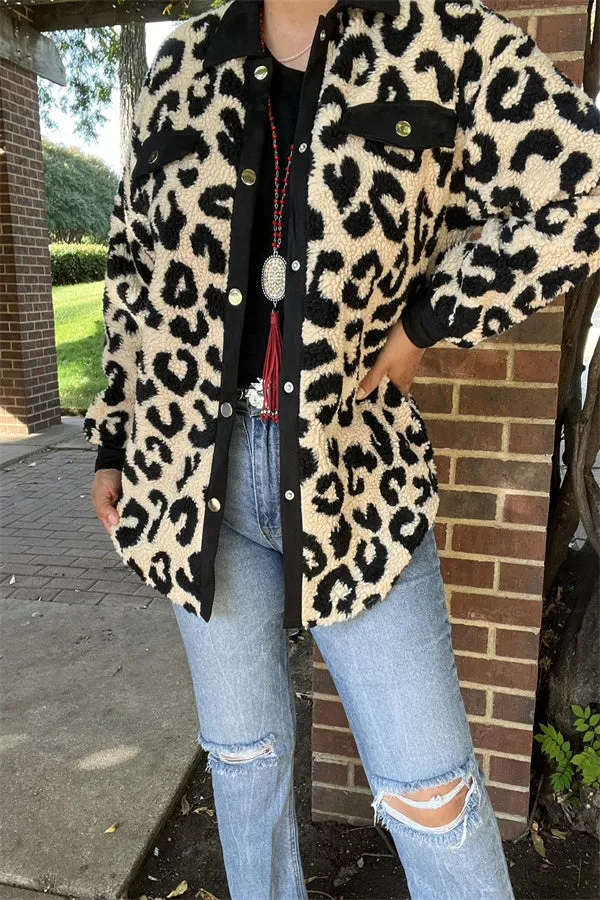 BQ15490 Black/beige leopard w/front pockets&buttons long sleeve women coats/jackets