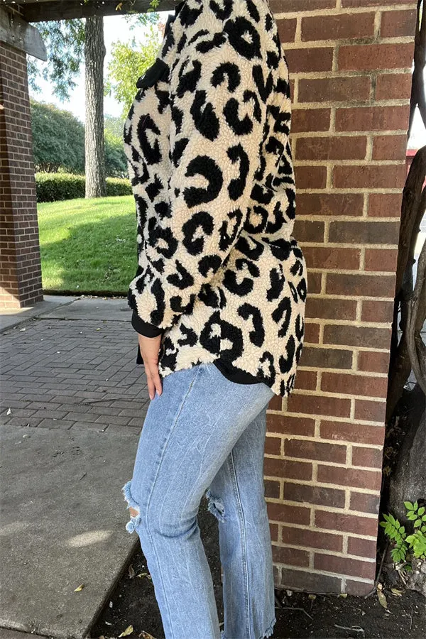 BQ15490 Black/beige leopard w/front pockets&buttons long sleeve women coats/jackets