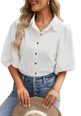 Brilliant White 2023 Denim Shirt Women Button Down Chambray Oversized Puff Sleeve Blouses Distressed Western Jean Tops