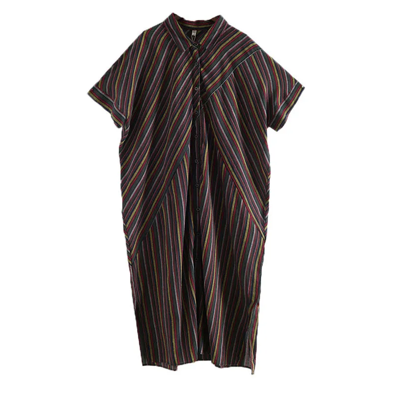 Brown Striped casual Turn Down Collar Slit Dresses Long Shift Women Dresses AMT962321