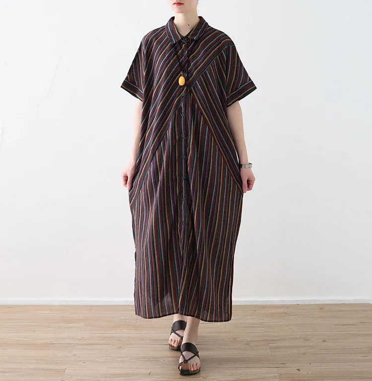 Brown Striped casual Turn Down Collar Slit Dresses Long Shift Women Dresses AMT962321