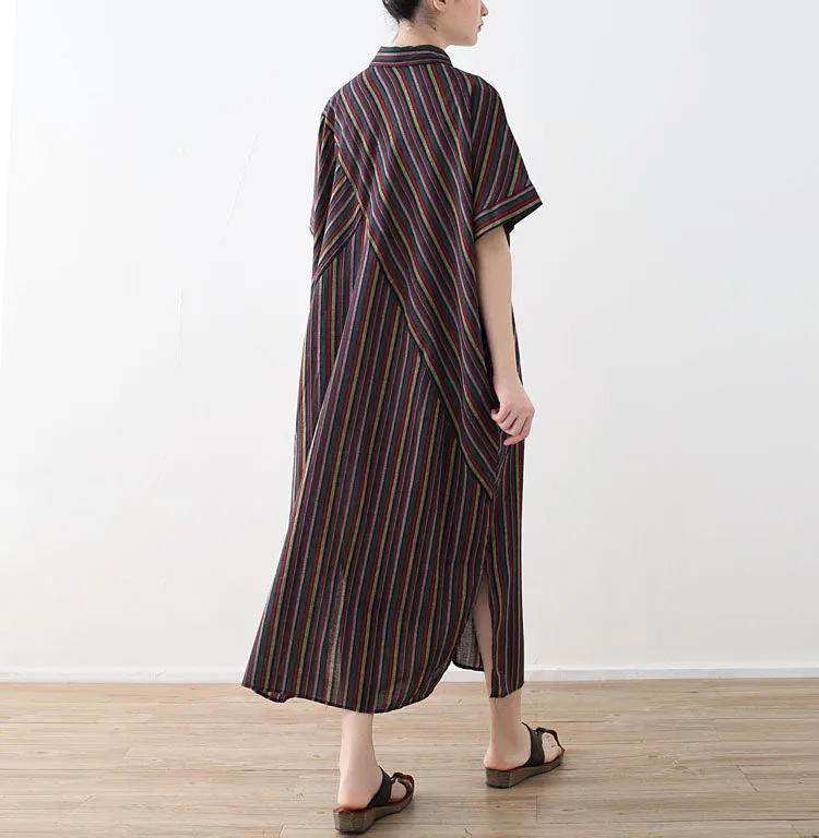 Brown Striped casual Turn Down Collar Slit Dresses Long Shift Women Dresses AMT962321