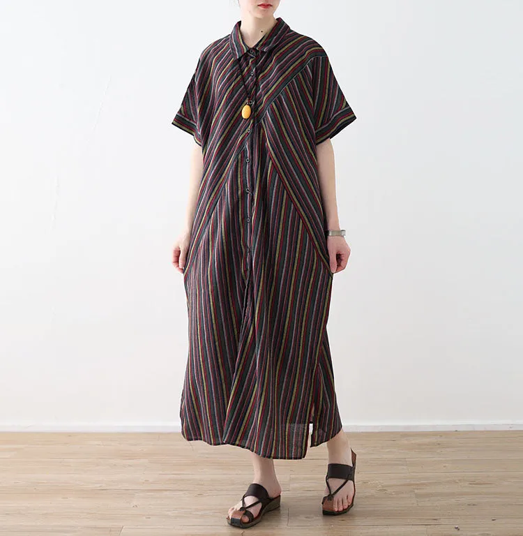 Brown Striped casual Turn Down Collar Slit Dresses Long Shift Women Dresses AMT962321