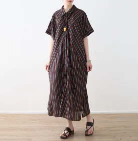 Brown Striped casual Turn Down Collar Slit Dresses Long Shift Women Dresses AMT962321