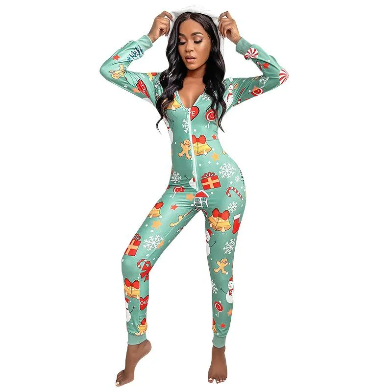 Casual Women's Hooded Christmas Print Home Wear V-Neck Jumpsuit Women