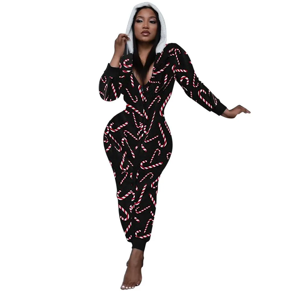 Casual Women's Hooded Christmas Print Home Wear V-Neck Jumpsuit Women