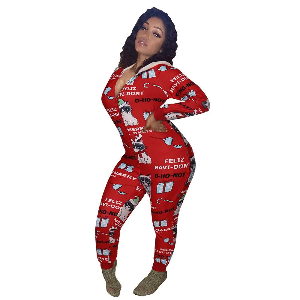 Casual Women's Hooded Christmas Print Home Wear V-Neck Jumpsuit Women