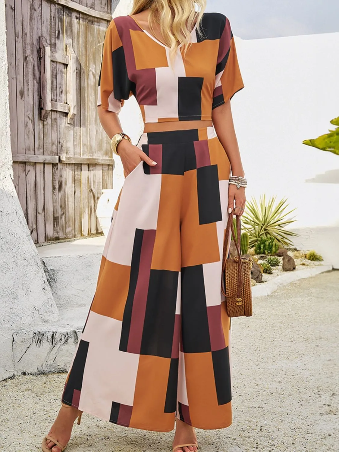 Color Block V-Neck Top and Wide Leg Pants Set