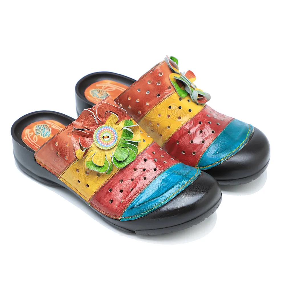 CrazycatZ Leather Clogs,Women Leather Bohemian Colorful Slide Sandal Mules Multi