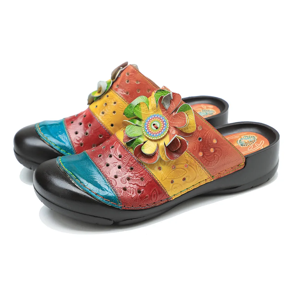 CrazycatZ Leather Clogs,Women Leather Bohemian Colorful Slide Sandal Mules Multi