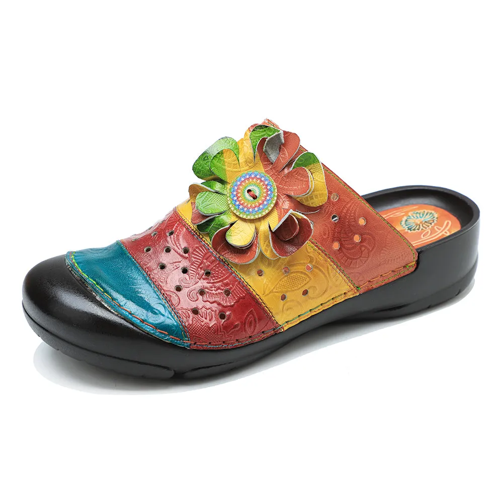 CrazycatZ Leather Clogs,Women Leather Bohemian Colorful Slide Sandal Mules Multi