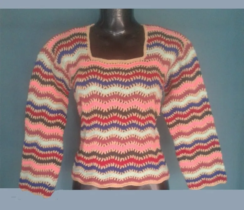 Elegant Multicolor Zig Zag Pattern Handmade Crochet Full Sleeve Girls/Women Sweater Top