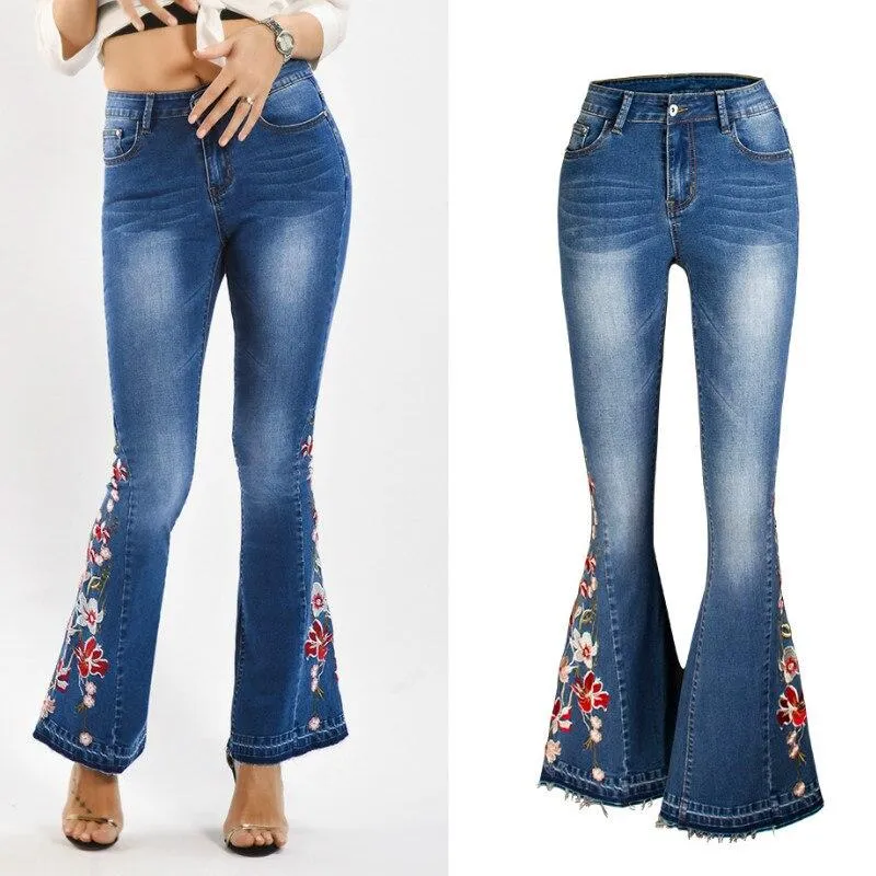 Embroidery Woman Skinny Flare Pants Denim Jeans