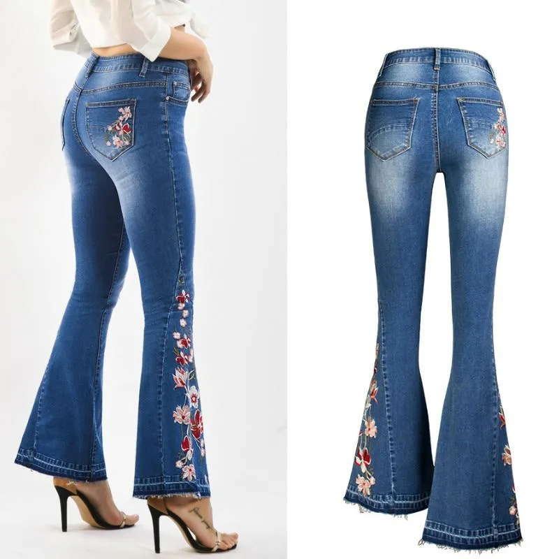 Embroidery Woman Skinny Flare Pants Denim Jeans