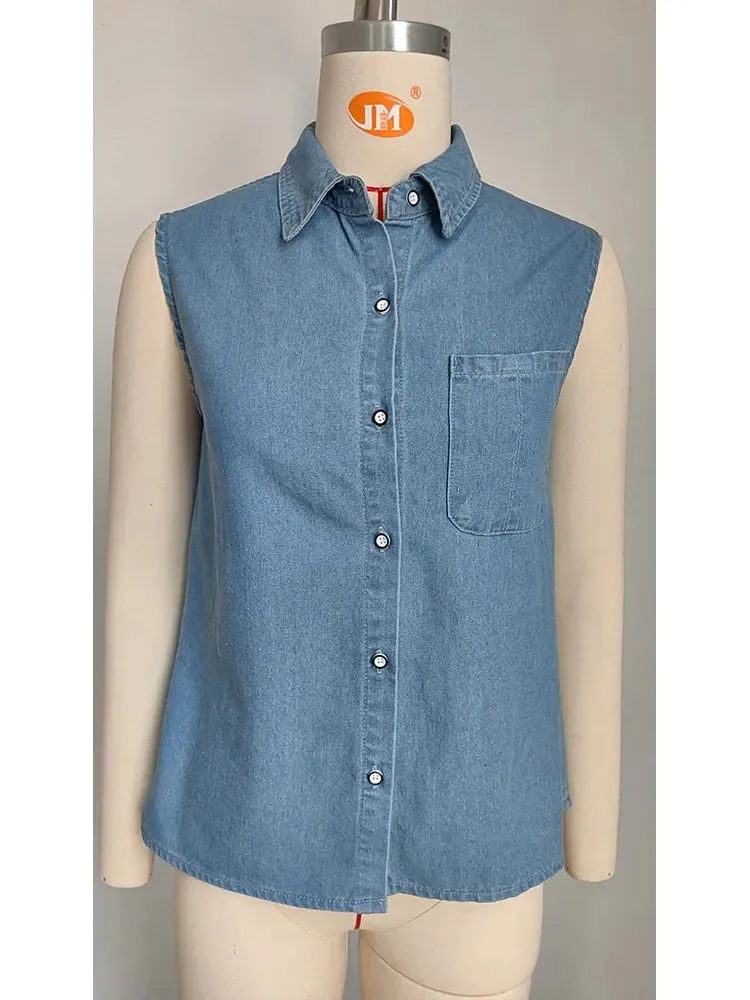 Fashion Washed Female Sleeveless Casual Up Summer Shirts Button Denim Benuynffy New Blouse