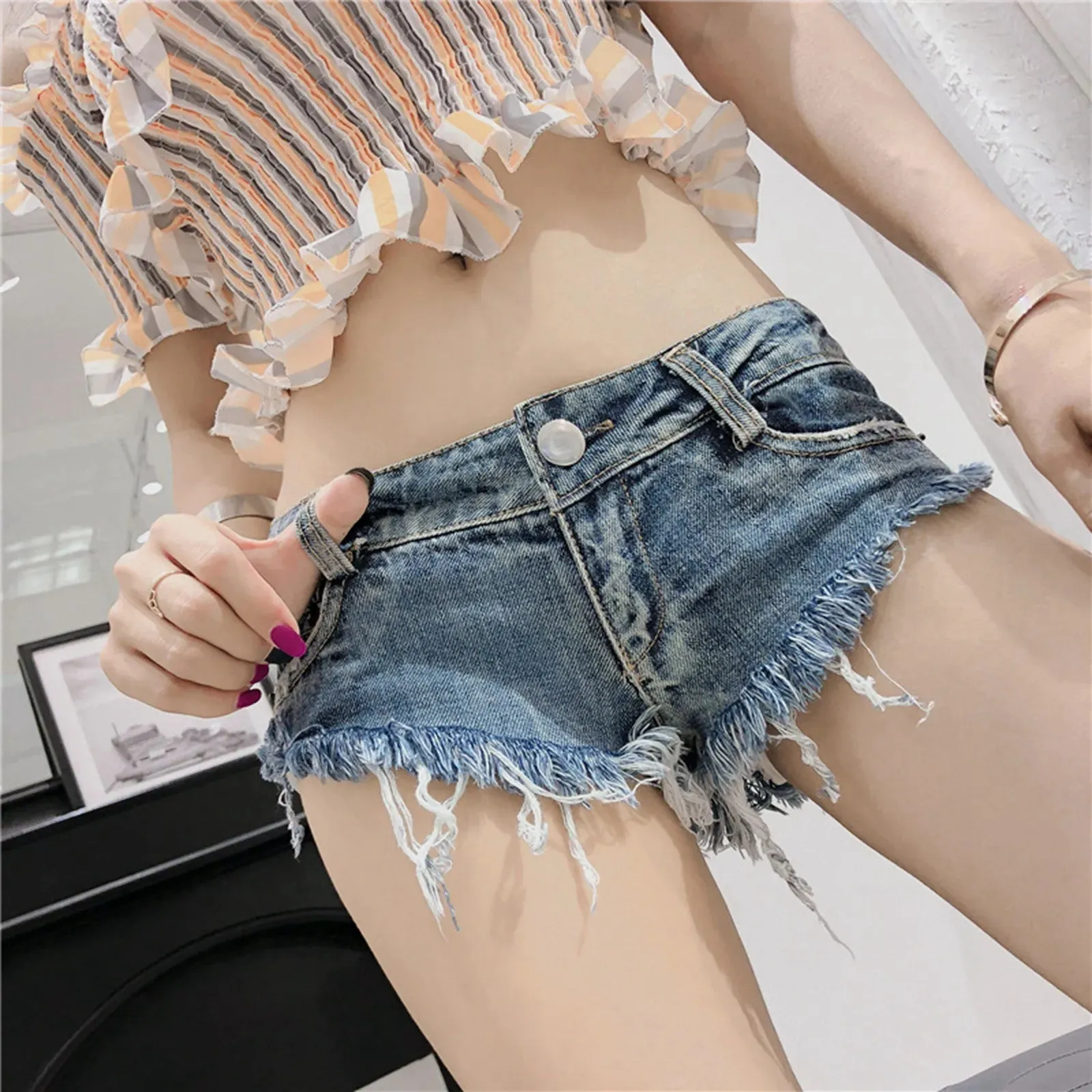 Fashion White Mini Denim Women New Sexy Ultra Low Waisted Nightclub Hot Summer Short