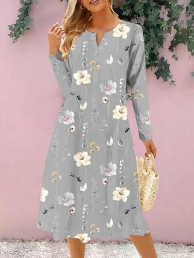 Floral Notched Long Sleeve Midi Dress