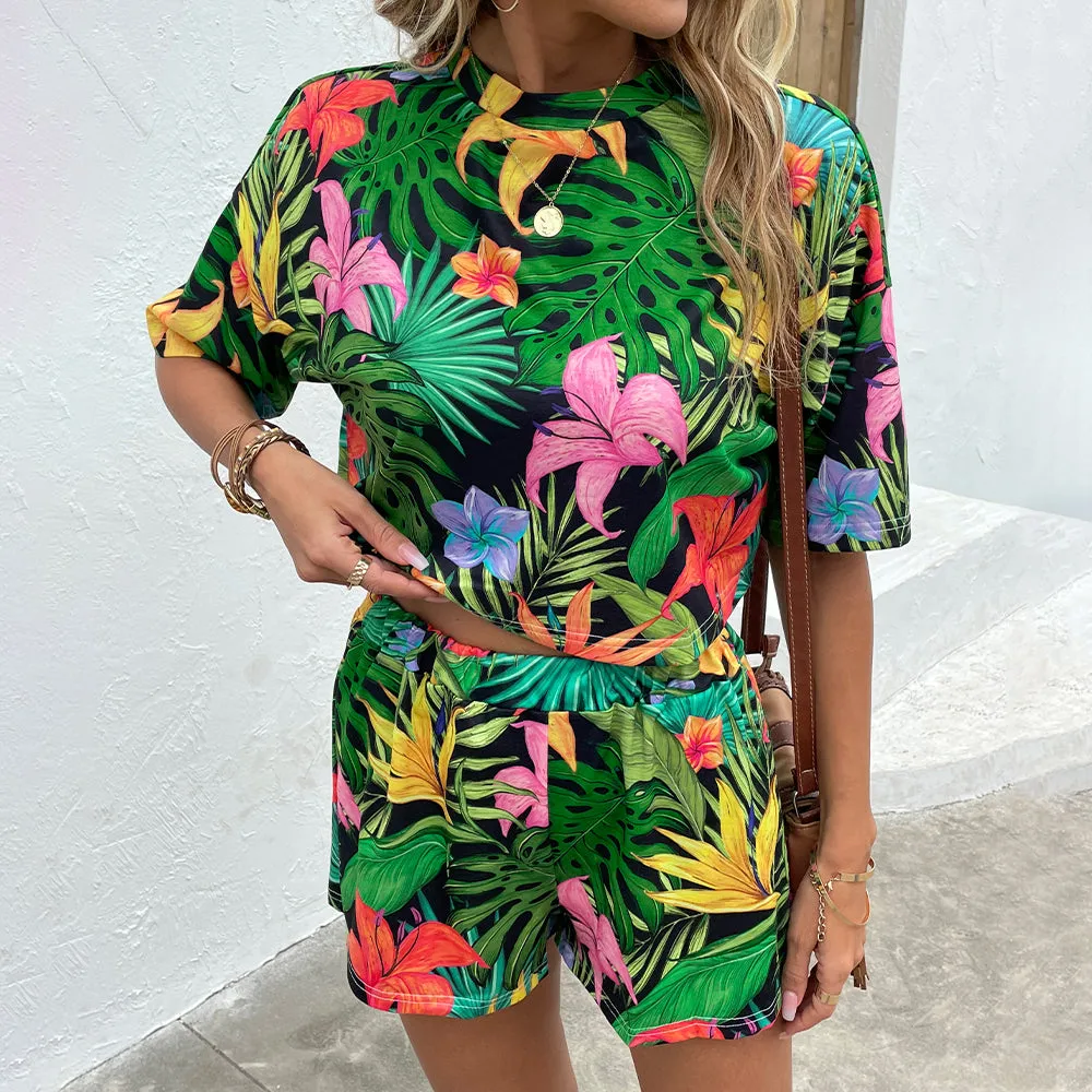 Floral Print Dropped Shoulder Half Sleeve Top and Shorts Set