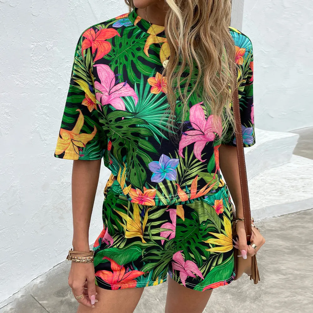 Floral Print Dropped Shoulder Half Sleeve Top and Shorts Set