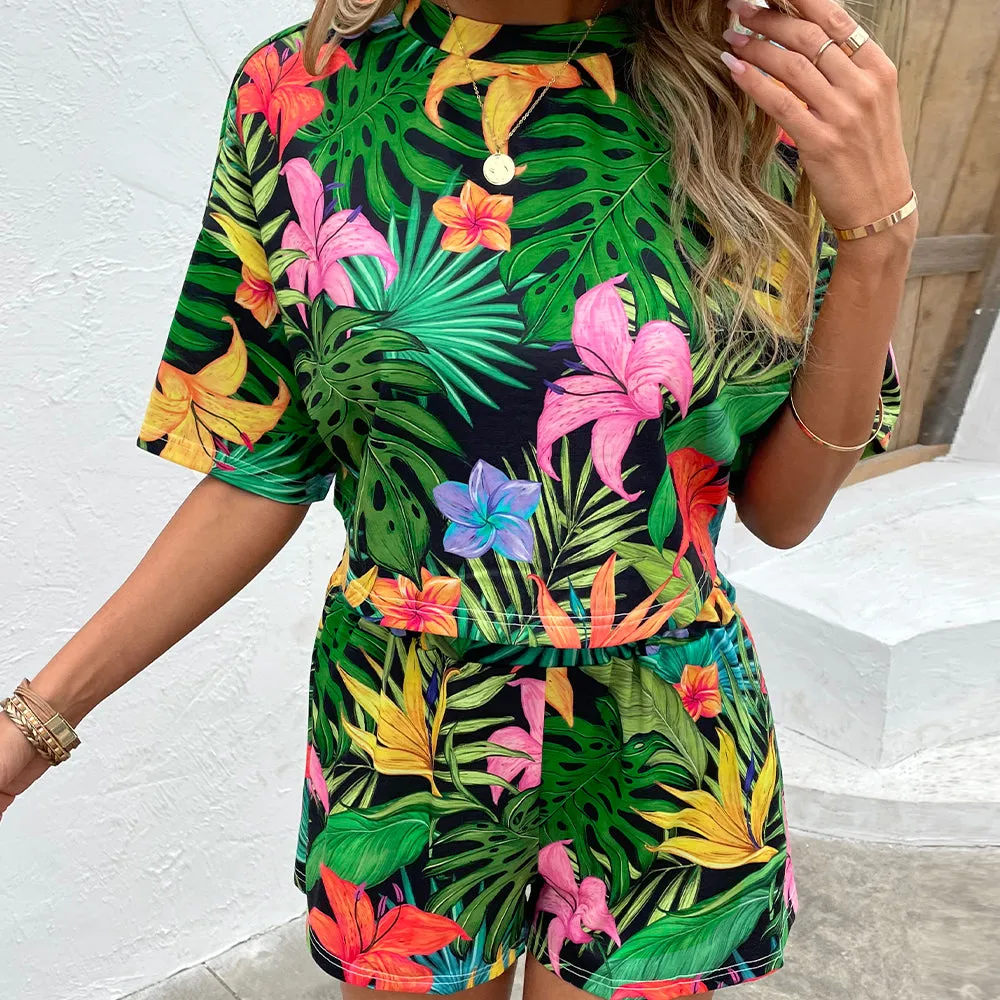 Floral Print Dropped Shoulder Half Sleeve Top and Shorts Set