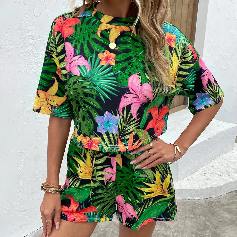 Floral Print Dropped Shoulder Half Sleeve Top and Shorts Set