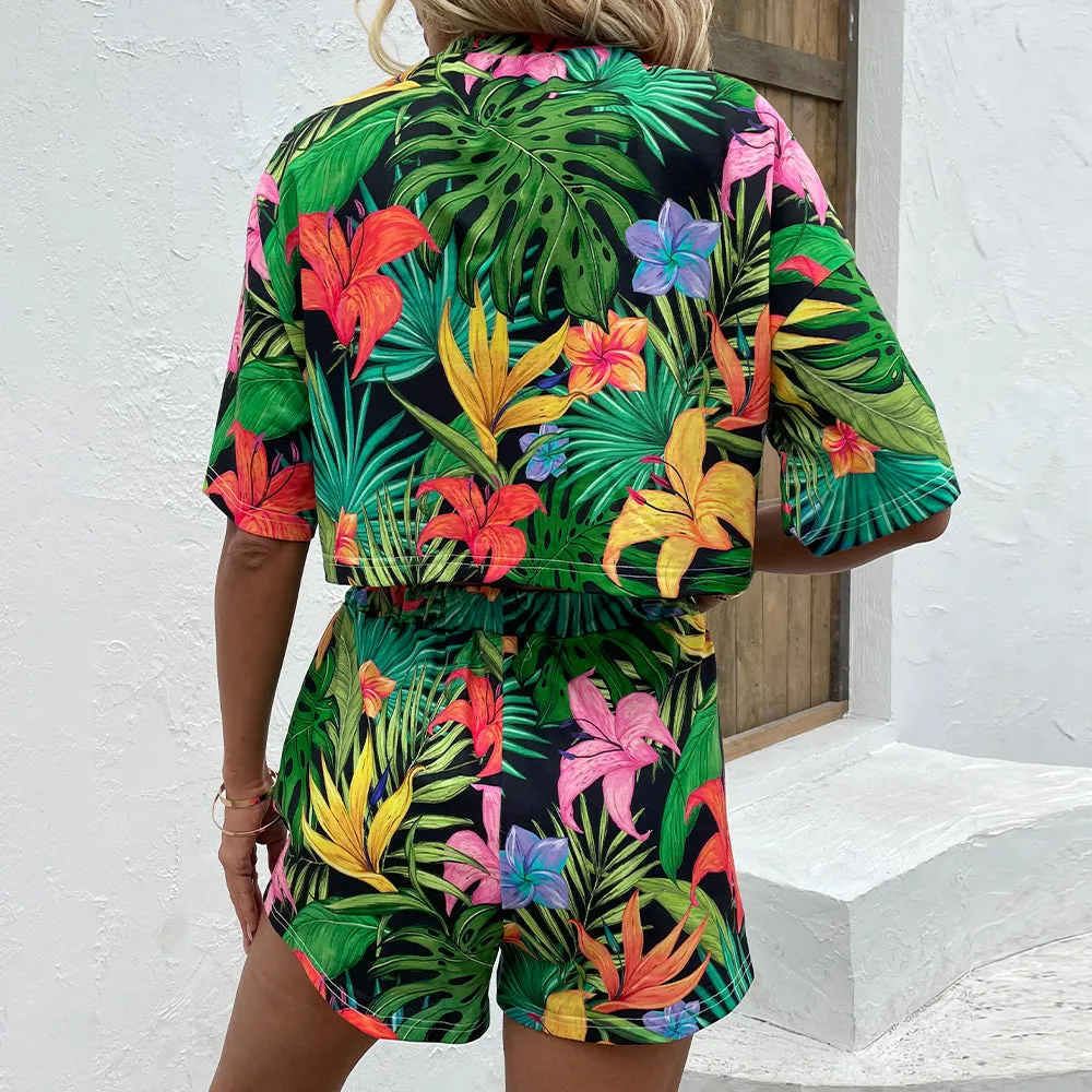 Floral Print Dropped Shoulder Half Sleeve Top and Shorts Set