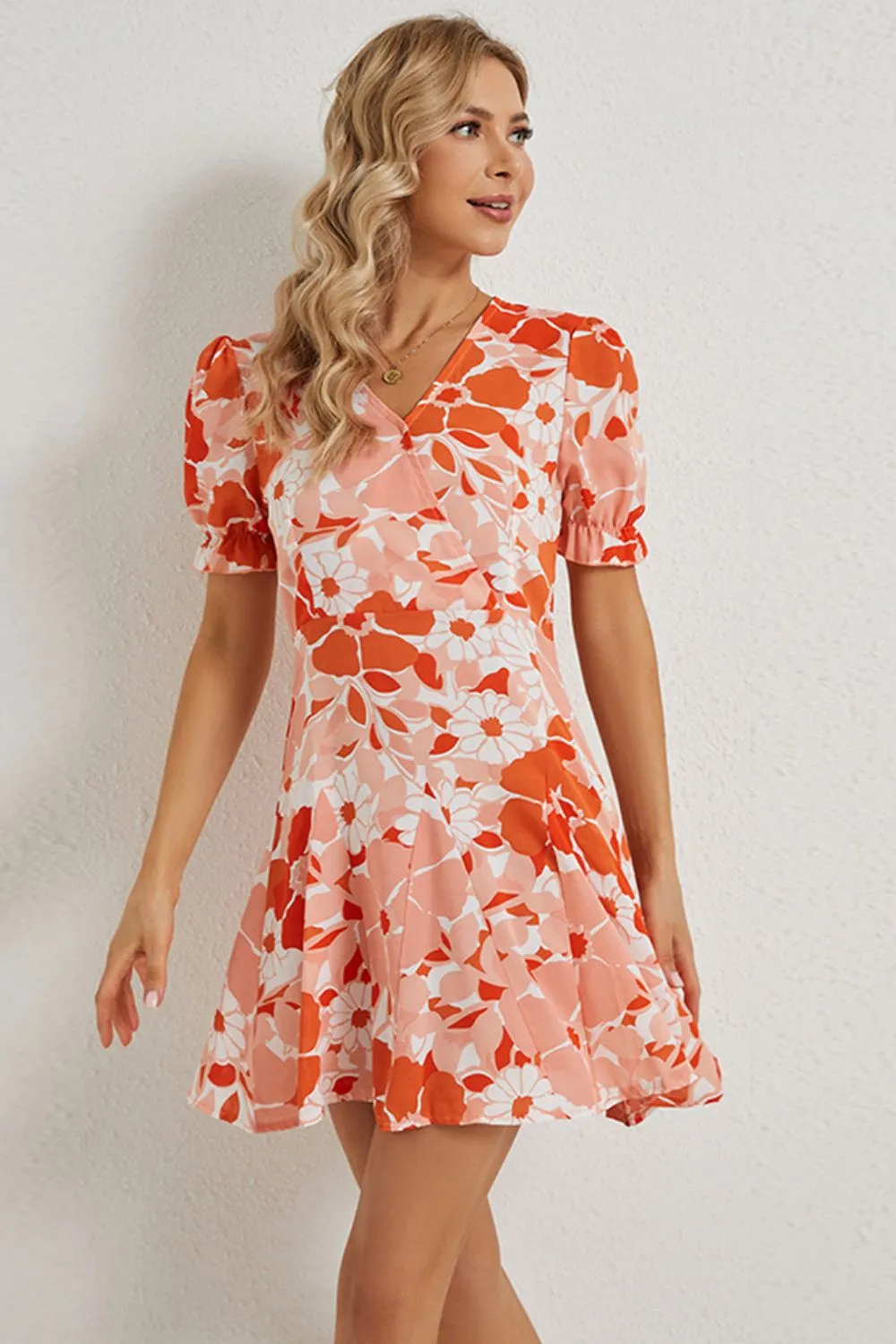 Floral Surplice Neck Flounce Sleeve Dress