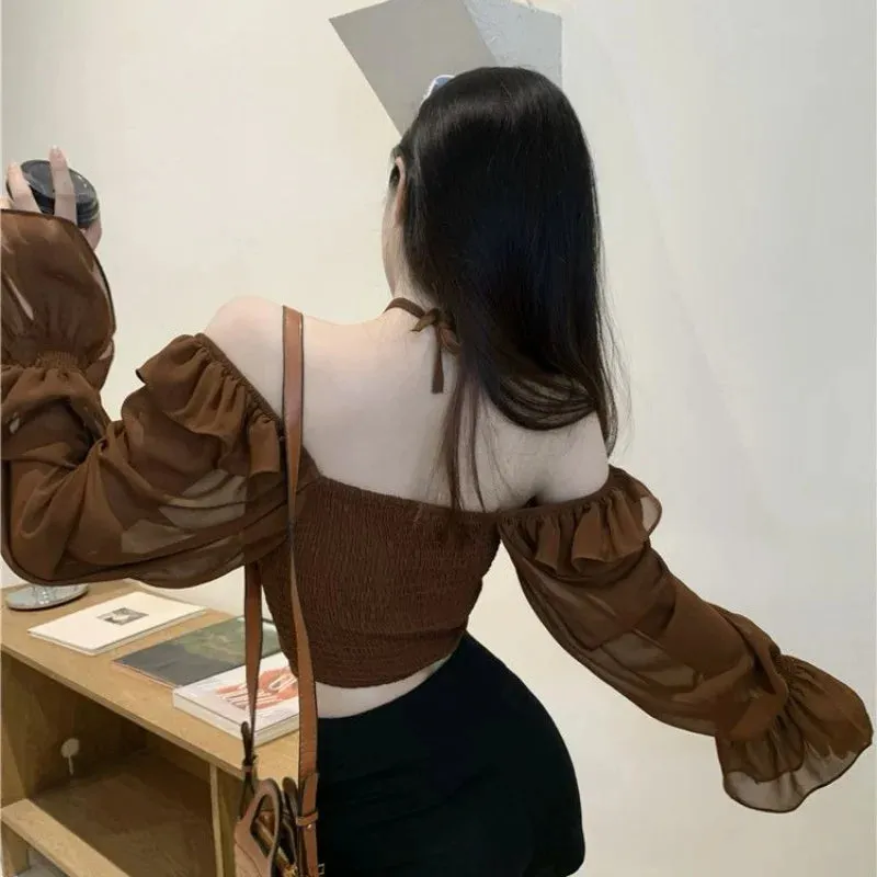 French Sexy Slim Chiffon Shirt Ruffle Slash Neck HotSweet Women's Clothing Crop Top Shirts And Blouses Elegant Female Blouses