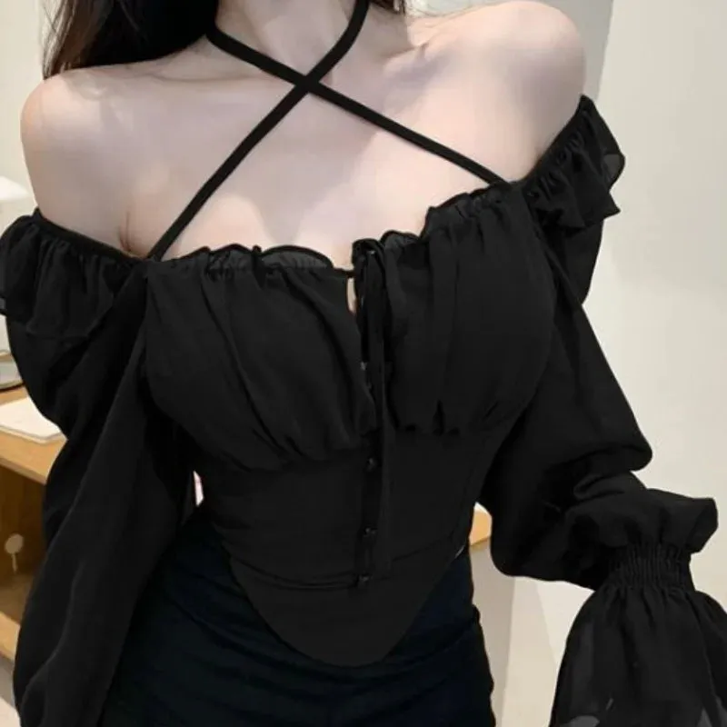 French Sexy Slim Chiffon Shirt Ruffle Slash Neck HotSweet Women's Clothing Crop Top Shirts And Blouses Elegant Female Blouses