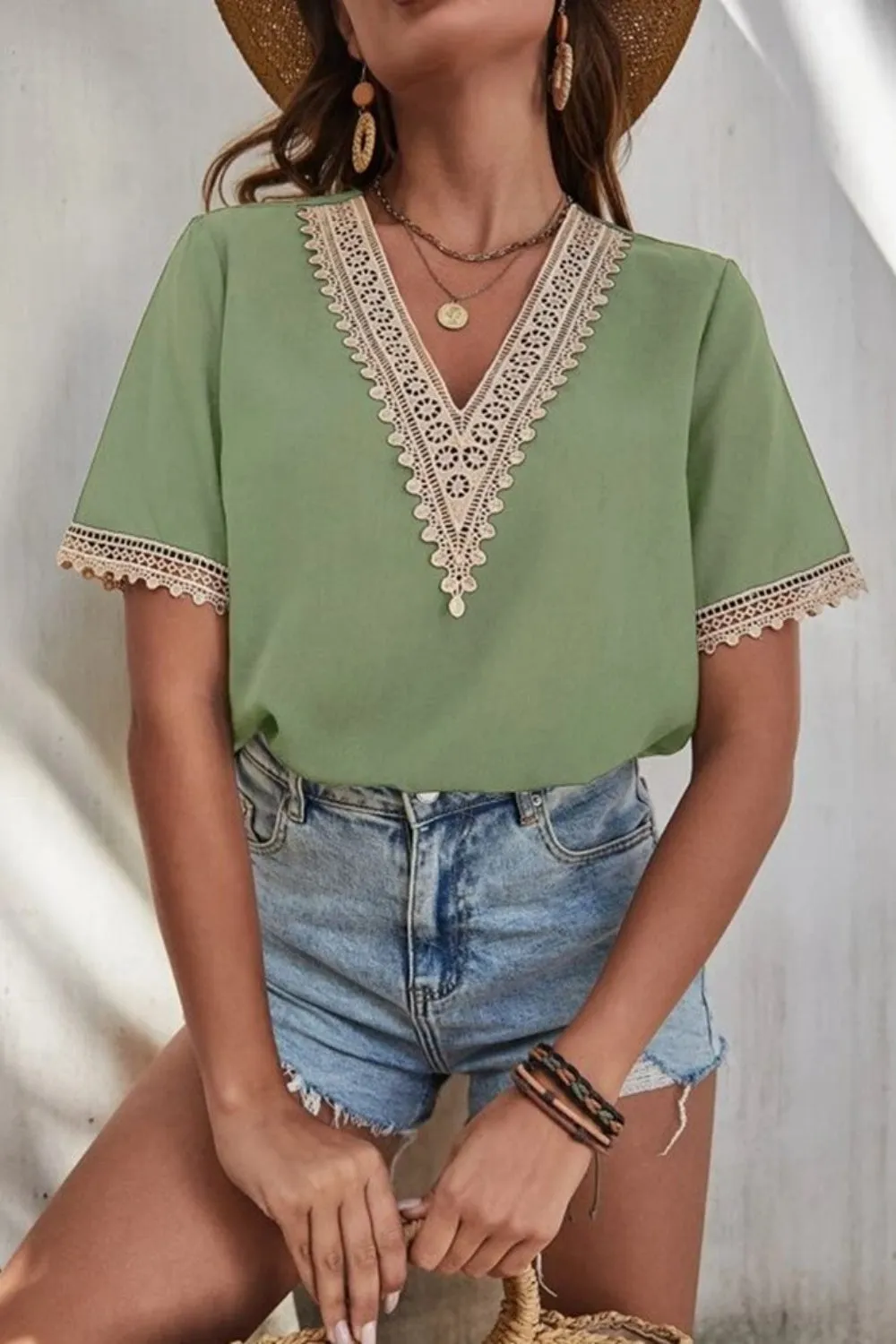 Full Size Lace Detail V-Neck Short Sleeve Blouse