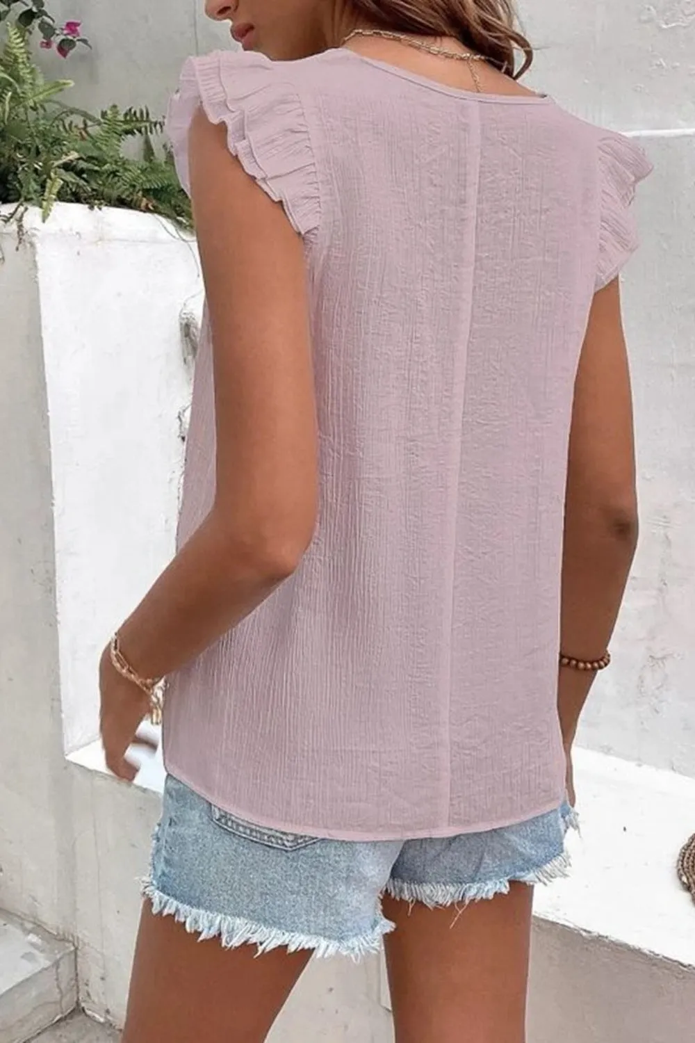 Full Size Ruffled V-Neck Cap Sleeve Blouse