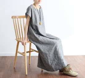 Gray Linen  Cotton  Women Loose Fitting Short Sleeves Dresses Summer Casual Women Dresses AMT96213