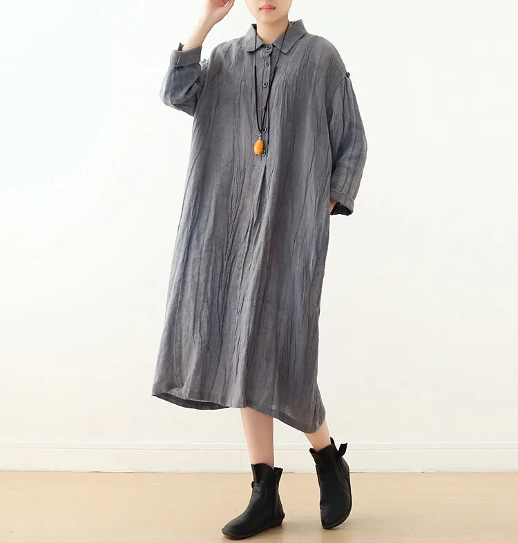 Gray Linen Cotton Women Loose Fitting Short Sleeves Dresses Summer Long Women Dresses  AMT962226