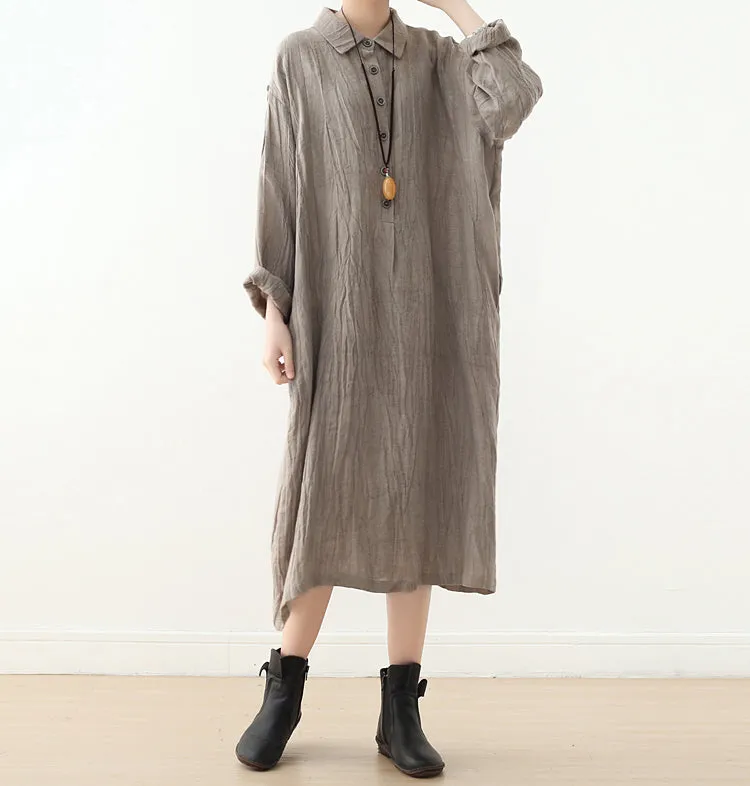 Gray Linen Cotton Women Loose Fitting Short Sleeves Dresses Summer Long Women Dresses  AMT962226