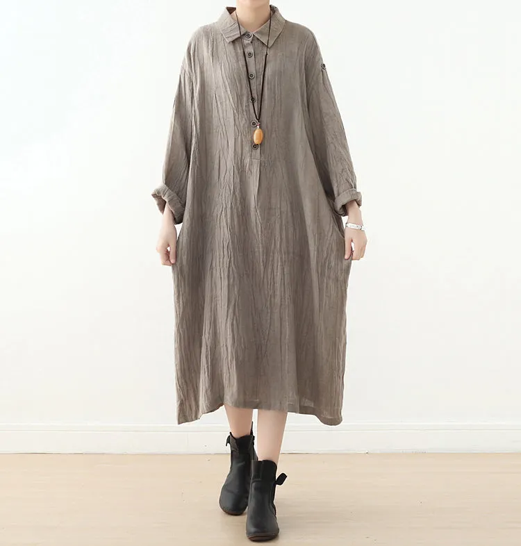 Gray Linen Cotton Women Loose Fitting Short Sleeves Dresses Summer Long Women Dresses  AMT962226