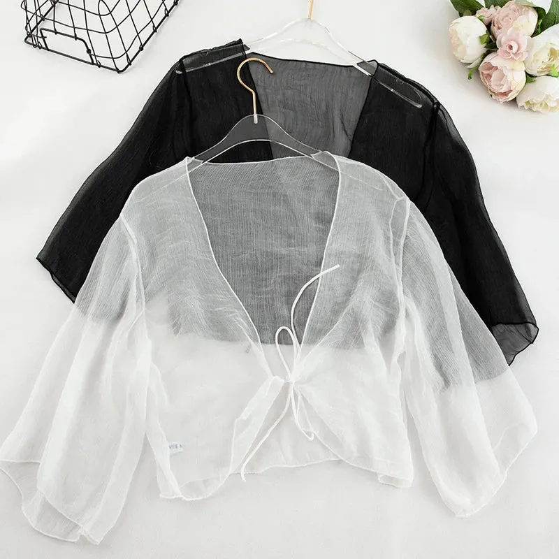 Liba Sin Women Summer Crinkle Chiffon Cardigan Sheer Casual Hawaii Style See Through Transparent Loose Top For Vacation