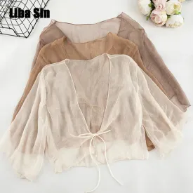 Liba Sin Women Summer Crinkle Chiffon Cardigan Sheer Casual Hawaii Style See Through Transparent Loose Top For Vacation